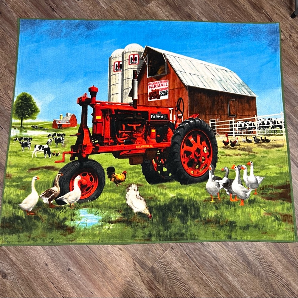 IH Farmall Tractor Fleece Lap Blanket Throw Red Scenic Barn Silos Cows 55"x45"